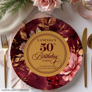 Elegant Boho Burgund Blush Gold 50. Geburtstag Pappteller