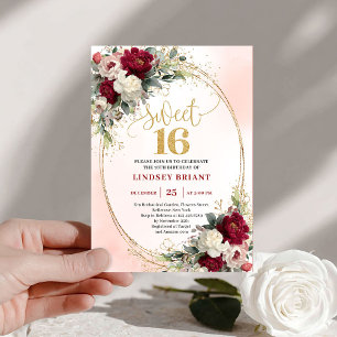 Elegant Boho Burgunder Gold Blumen 16. Geburtstag Einladung