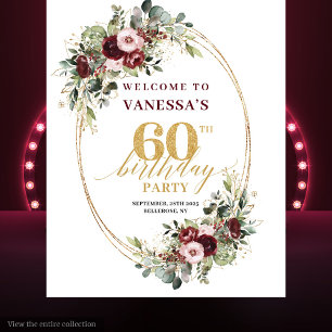 Elegant Boho Burgunder Gold Blumen 60. Geburtstag Wandteppich