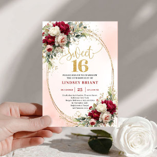 Elegant boho burgunder gold Blumen Sweet Sixteen Einladung
