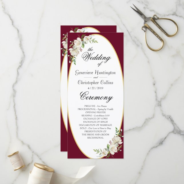 Elegant Boho Burgundy Blumenzeremonie Programm (Vorderseite/Rückseite Beispiel)