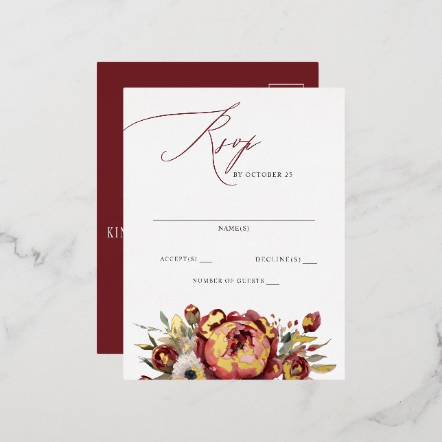 Elegant Boho Burgundy Blush Floral UAWG Folie Einladungspostkarte (Vorderseite/Rückseite)