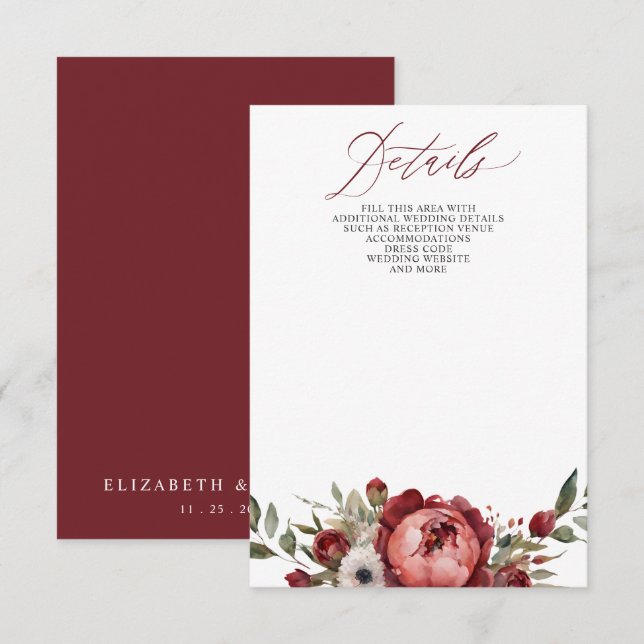Elegant Boho Burgundy Blush Floral Wedding Begleitkarte (Vorne/Hinten)