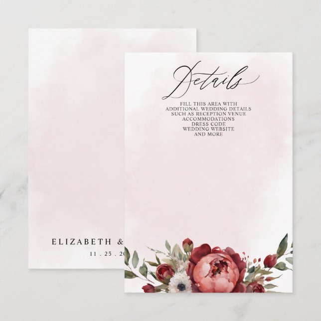 Elegant Boho Burgundy Blush Floral Wedding Begleitkarte (Vorne/Hinten)