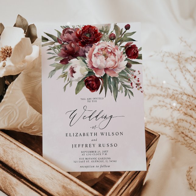 Elegant Boho Burgundy Blush Floral Wedding Einladung (Elegant Boho Burgundy Blush Floral Wedding Invitation)