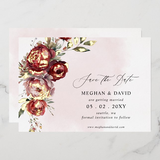 Elegant Boho Burgundy Blush Floral Wedding Folieneinladung (Vorderseite/Rückseite)