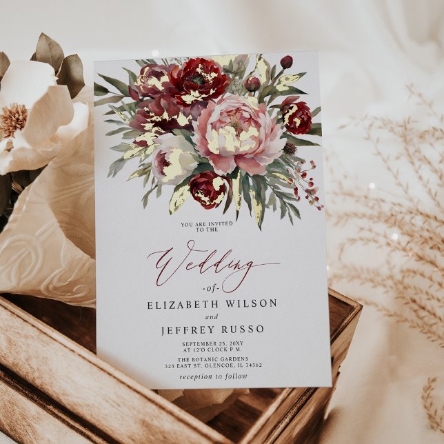 Elegant Boho Burgundy Blush Floral Wedding Folieneinladung (Elegant Boho Burgundy Blush Floral Wedding Foil Invitation)