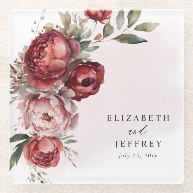 Elegant Boho Burgundy Blush Floral Wedding Glasuntersetzer (Vorderseite)