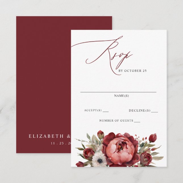 Elegant Boho Burgundy Blush Floral Wedding RSVP Karte (Vorne/Hinten)