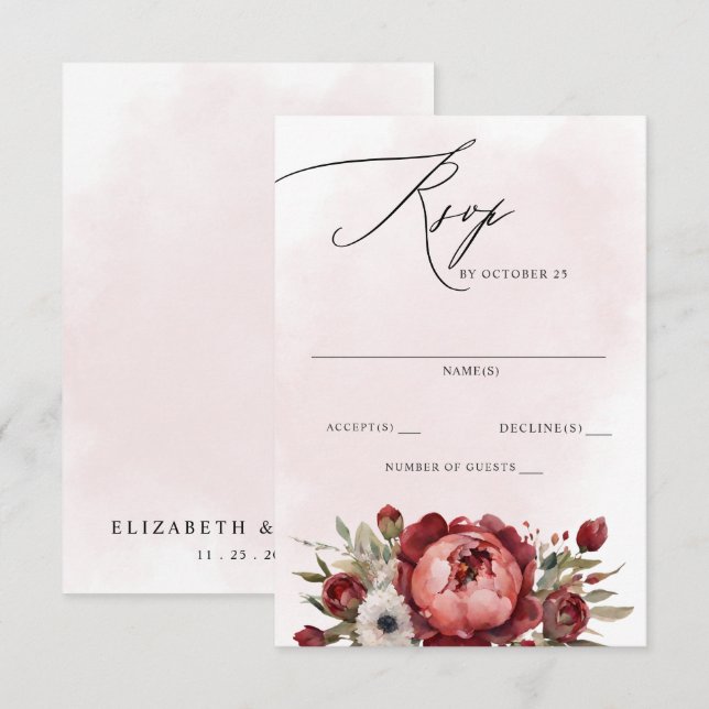 Elegant Boho Burgundy Blush Floral Wedding RSVP Karte (Vorne/Hinten)
