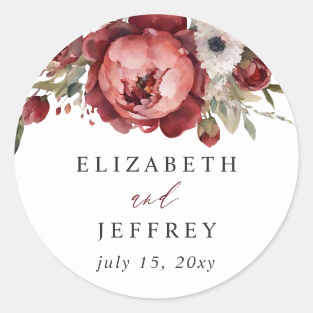 Elegant Boho Burgundy Blush Floral Wedding Runder Aufkleber (Vorderseite)