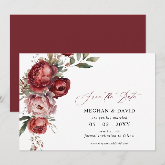 Elegant Boho Burgundy Blush Floral Wedding Save The Date (Vorne/Hinten)