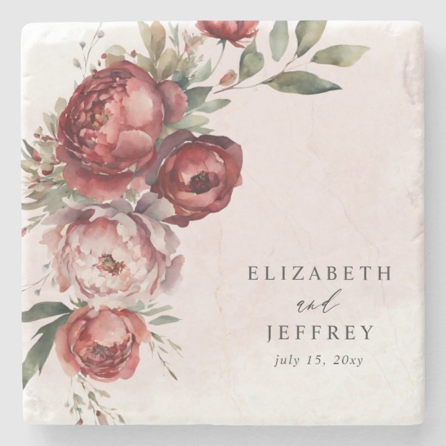 Elegant Boho Burgundy Blush Floral Wedding Steinuntersetzer (Vorderseite)