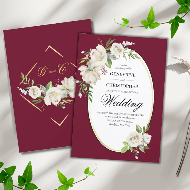 Elegant Boho Burgundy Floral Gold Wedding Einladung (ELEGANT CLASSIC BURGUNDY BOHO WHITE ROSES WEDDING INVITATION)