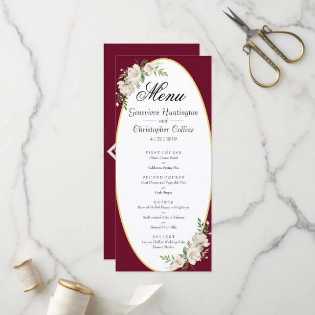 Elégant Boho Burgundy Floral Menu Mariage (Devant/Arrière en situation)
