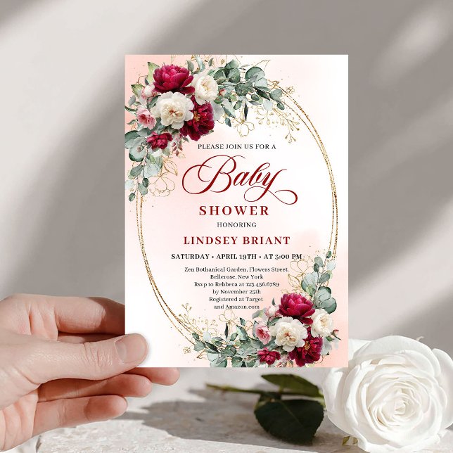 Elegant Boho Burgundy Gold Baby Shower Invitation Einladung (Elegant Boho Burgundy Gold Baby Shower Invitation)