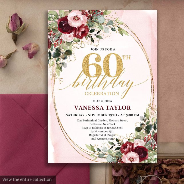 Elegant Boho Burgundy Gold Floral 60th Birthday Einladung (Elegant Boho Burgundy Gold Floral 60th Birthday)