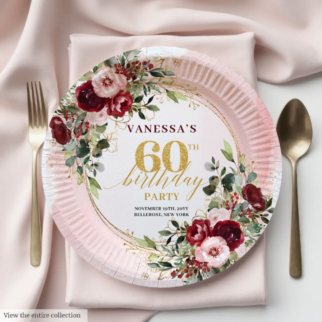 Elegant Boho Burgundy Gold Floral 60th Birthday   Pappteller (Elegant Boho Burgundy Gold Floral 60th Birthday Plates)