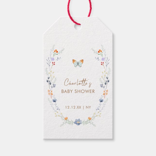 Elegant Boho Butterfly Wildblume Baby Shower Geschenkanhänger (Vorderseite)