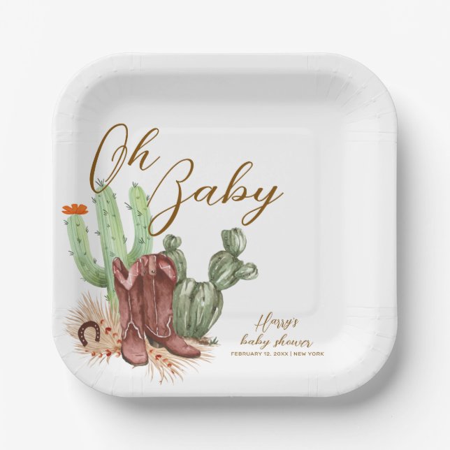 Elegant Boho Cactus Cowboy Shoes Babydusche Pappteller (Vorderseite)
