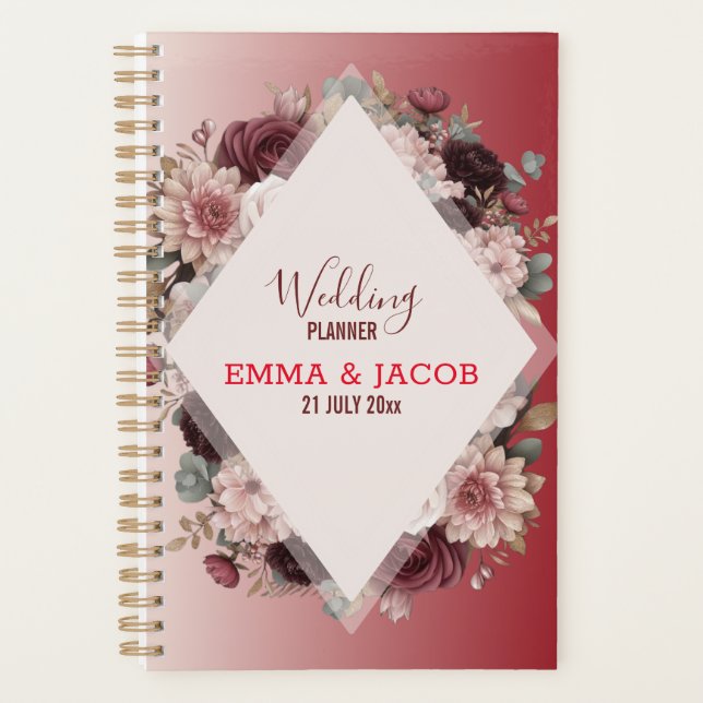 Elegant Boho Chic Blush Pink & Burgundy Floral Planer (Vorderseite)