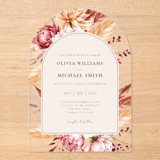 Elegant Boho Chic Floral Wedding Acryleinladungen (Vorderseite)