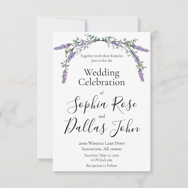 Elegant boho chic Lavender Eucalyptus Hochzeit Einladung (Vorderseite)