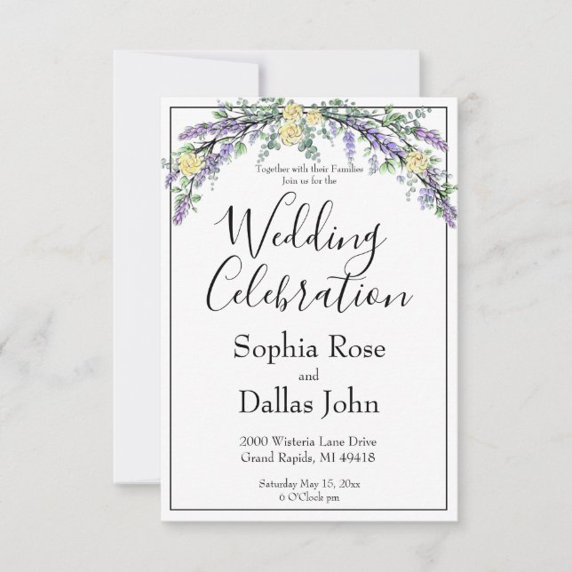 Elegant boho chic Lavender Gelbe Rosen Hochzeit Einladung (Vorderseite)