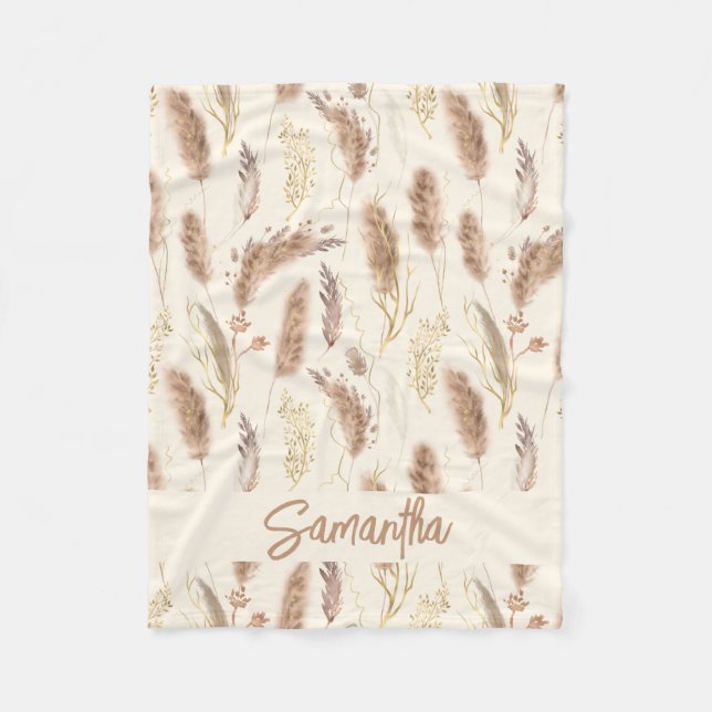 Elegant Boho Chic Pampas Grass Muster Beige Creme Fleecedecke (Vorderseite)