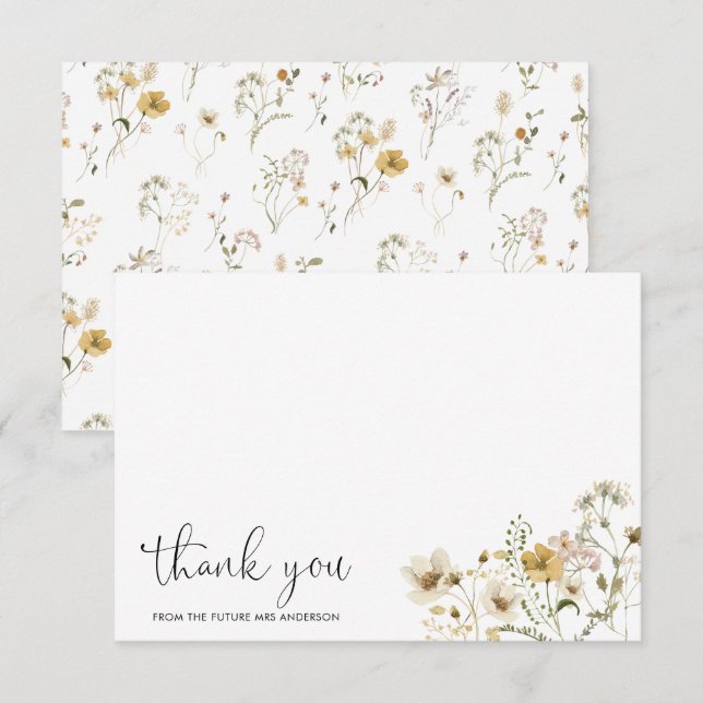Elegant Boho Chic Wildblume Floral Future Mrs. Dankeskarte (Vorne/Hinten)