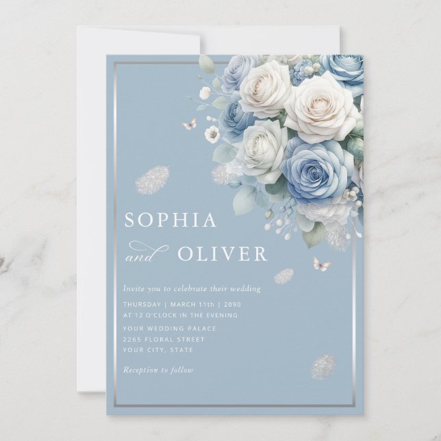 Elegant Boho Dusty Blue Floral Elegante Hochzeit Einladung (Vorderseite)