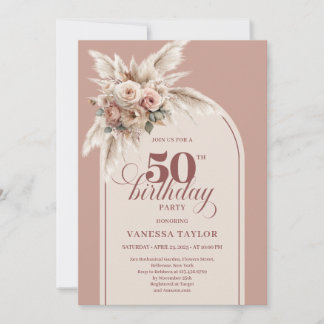 Elegant Boho Dusty Pink Pampas Floral 50 Birthday Einladung