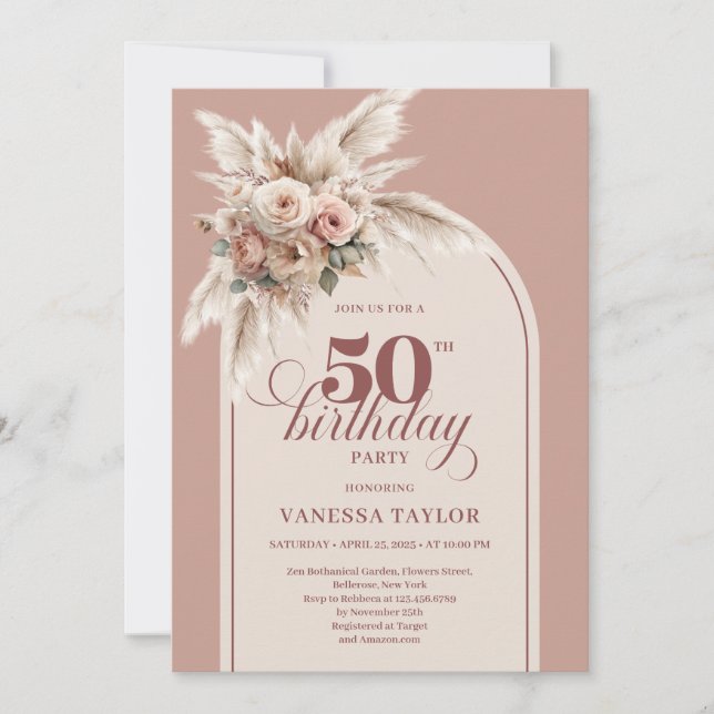 Elegant Boho Dusty Pink Pampas Floral 50 Birthday Einladung (Vorderseite)