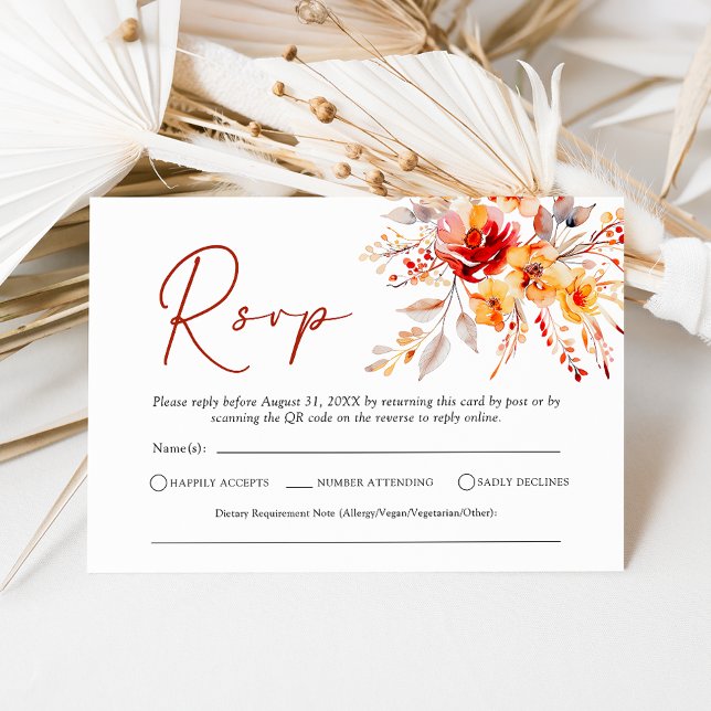 Elegant Boho Fall Floral QR Code Wedding RSVP Card Karte (Elegant rustic fall floral wedding RSVP card with QR code on reverse)