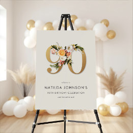 Elegant Boho Floral 90th Birthday Welcome Sign