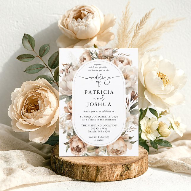 Elegant Boho Floral Arch Wedding Invitation Einladung (Rustic Boho Wedding Invitation styled with pampas grass and blush floral accents)