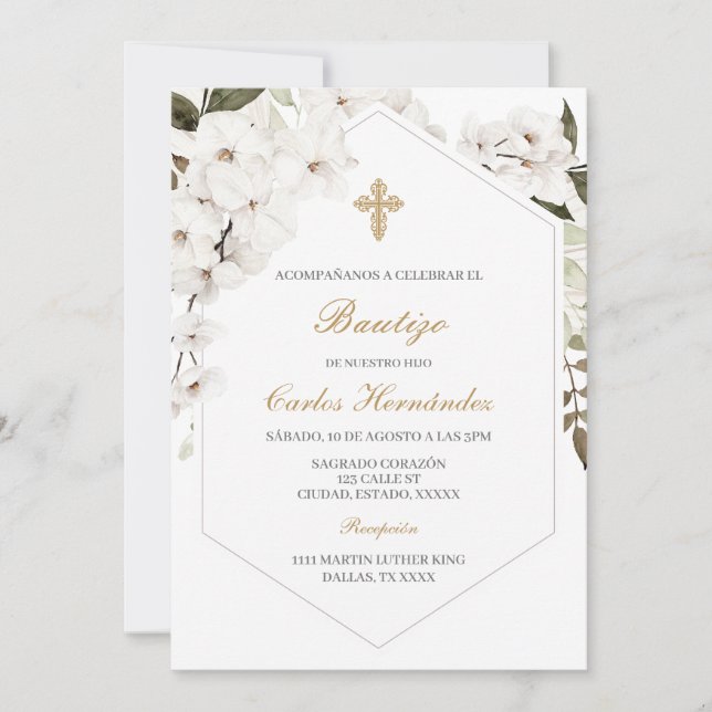 Élégant boho floral Baptême espagnol Invitation (Devant)