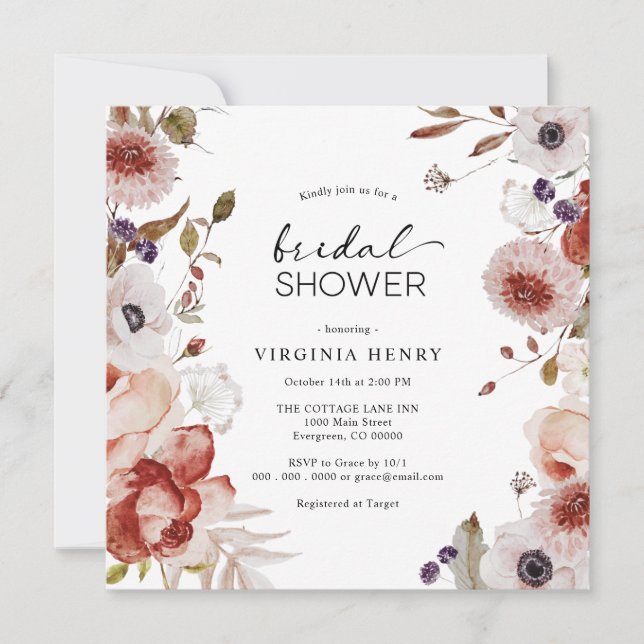 Elegant Boho Floral Brautparty Einladung (Vorderseite)