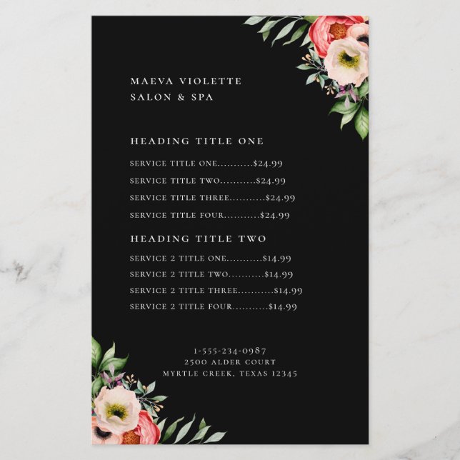 Elegant Boho Floral Business Service/Preise Flyer (Vorne)