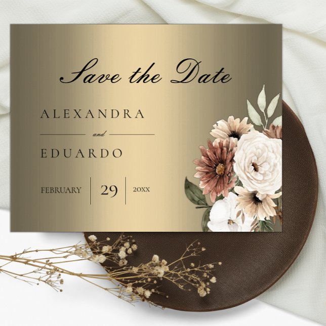 Elegant Boho Floral Gold Wedding Ankündigungspostkarte (Von Creator hochgeladen)