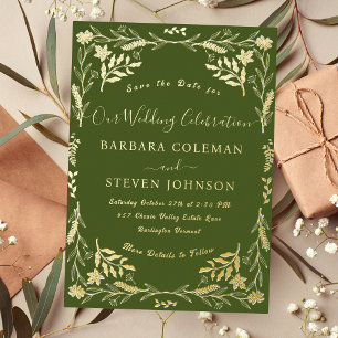Elegant Boho Floral Moss Green Typografy Wedding Folieneinladung