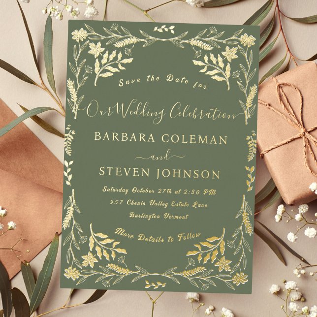 Elegant Boho Floral Sage Green Typografy Wedding Folieneinladung (Von Creator hochgeladen)