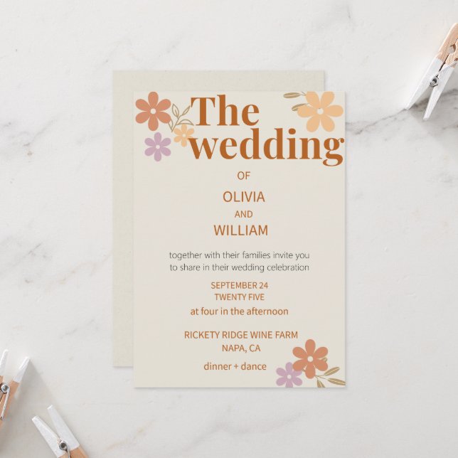 Elegant Boho Floral Wedding Einladung (Vorderseite/Rückseite Beispiel)