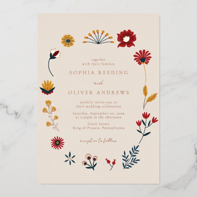 Elegant Boho Floral Wedding Rose Gold Folieneinladung (Vorderseite)