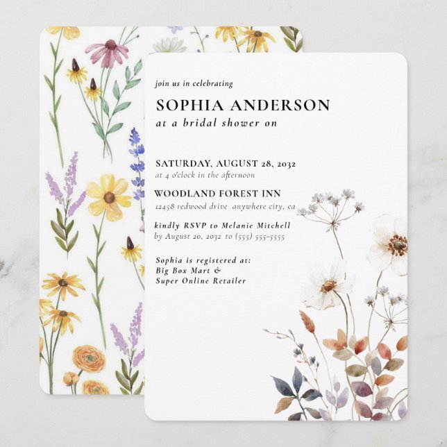 Elegant Boho Floral Wildblume Brautparty Einladung (Vorne/Hinten)
