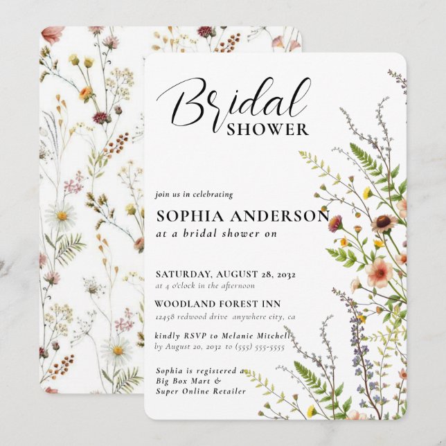 Elegant Boho Floral Wildblume Brautparty Einladung (Vorne/Hinten)