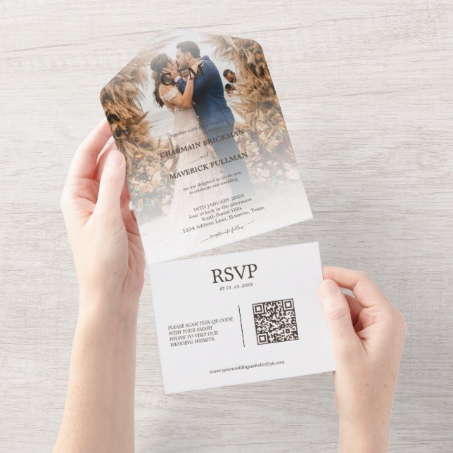 Elegant Boho Foto Couple | Terracotta Wedding All In One Einladung (Abreißen)