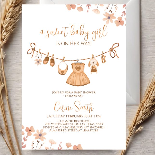 Elegant Boho Girl Baby Clothes Baby Shower Einladung (Von Creator hochgeladen)