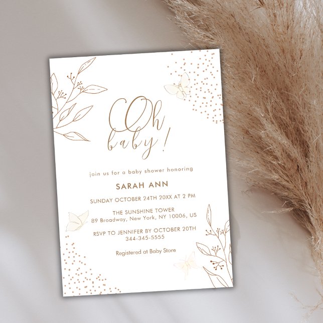 Elegant Boho Gold Blätter Butterfly Baby Shower Einladung (Elegant Boho Gold Leaves Butterfly Baby Shower Invitation)