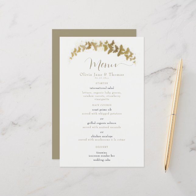 Elegant Boho Gold Butterflies Classy Menu Mariage (Devant/Arrière en situation)